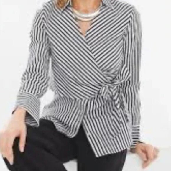 Chico's Black Label Wrap Shirt Black & White Stripe Size 2 Cotton Blend - Picture 1 of 9